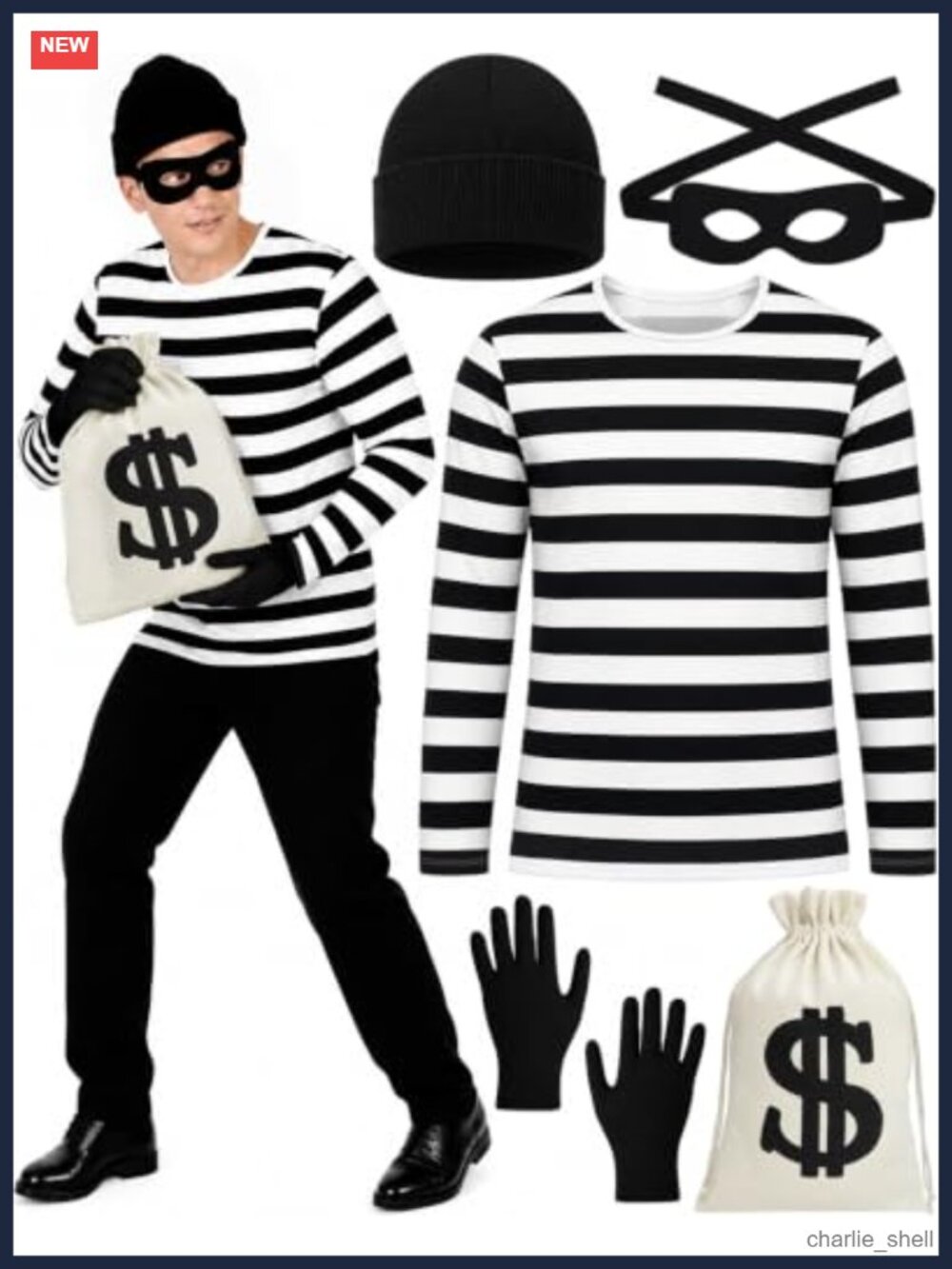 Men's 5 PC Robber Burglar Costume Set Halloween Cosplay Party